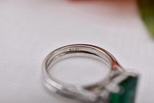 Load image into Gallery viewer, 14K White Gold Vintage Emerald Cut Emerald and Diamond Three Stone Engagement Ring Set
