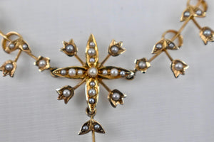 14K Yellow Gold Victorian Pearl Rare Lavalier Y Shape Floral Necklace
