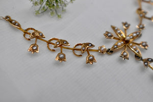 14K Yellow Gold Victorian Pearl Rare Lavalier Y Shape Floral Necklace