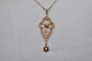 14K Yellow Gold Victorian Seed Pearl and Old Mine Cut Diamond Lavalier Necklace