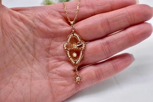 14K Yellow Gold Victorian Seed Pearl and Old Mine Cut Diamond Lavalier Necklace