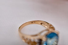 Load image into Gallery viewer, Vintage 14K Yellow Gold Oval Swiss Blue Topaz &amp; Diamond Ring
