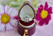 Load image into Gallery viewer, Vintage 18K White Gold Art Deco Transitional Cut Diamond Three Stone Filigree Engagement Ring
