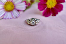 Load image into Gallery viewer, Vintage 18K White Gold Art Deco Transitional Cut Diamond Three Stone Filigree Engagement Ring
