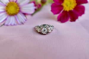 Vintage 18K White Gold Art Deco Transitional Cut Diamond Three Stone Filigree Engagement Ring