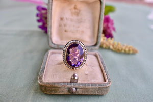 Vintage 14K Yellow Gold Victorian Oval Amethyst & Seed Pearl Halo Ring