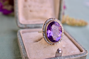 Vintage 14K Yellow Gold Victorian Oval Amethyst & Seed Pearl Halo Ring