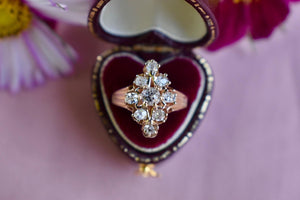 Victorian 14K Rose Gold Cluster Old Mine Cut Diamond Navette Ring