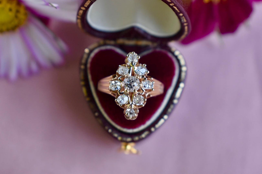Victorian 14K Rose Gold Cluster Old Mine Cut Diamond Navette Ring