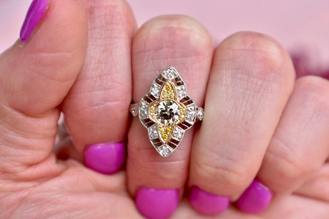Vintage Art Deco Platinum & Yellow Gold Filigree Champagne Diamond Navette Ring