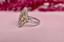 Load image into Gallery viewer, Vintage Art Deco Platinum &amp; Yellow Gold Filigree Champagne Diamond Navette Ring
