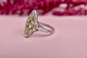Vintage Art Deco Platinum & Yellow Gold Filigree Champagne Diamond Navette Ring