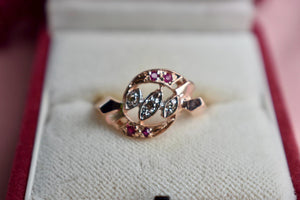 Antique Art Deco Reproduction 14K Rose & White Gold Ruby and Diamond Ring