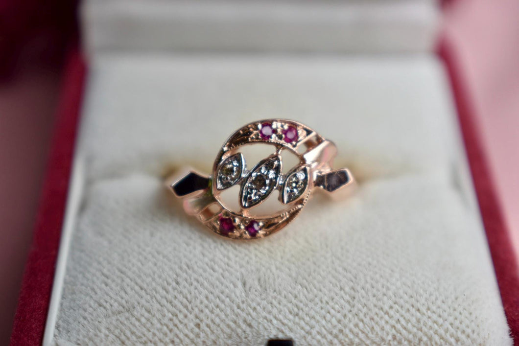 Antique Art Deco Reproduction 14K Rose & White Gold Ruby and Diamond Ring