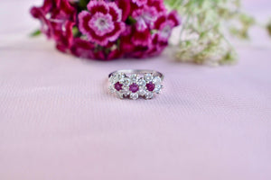 18K White Gold Vintage Ruby & Diamond Triple Halo Flower Ring