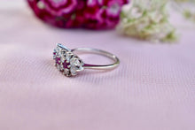Load image into Gallery viewer, 18K White Gold Vintage Ruby &amp; Diamond Triple Halo Flower Ring
