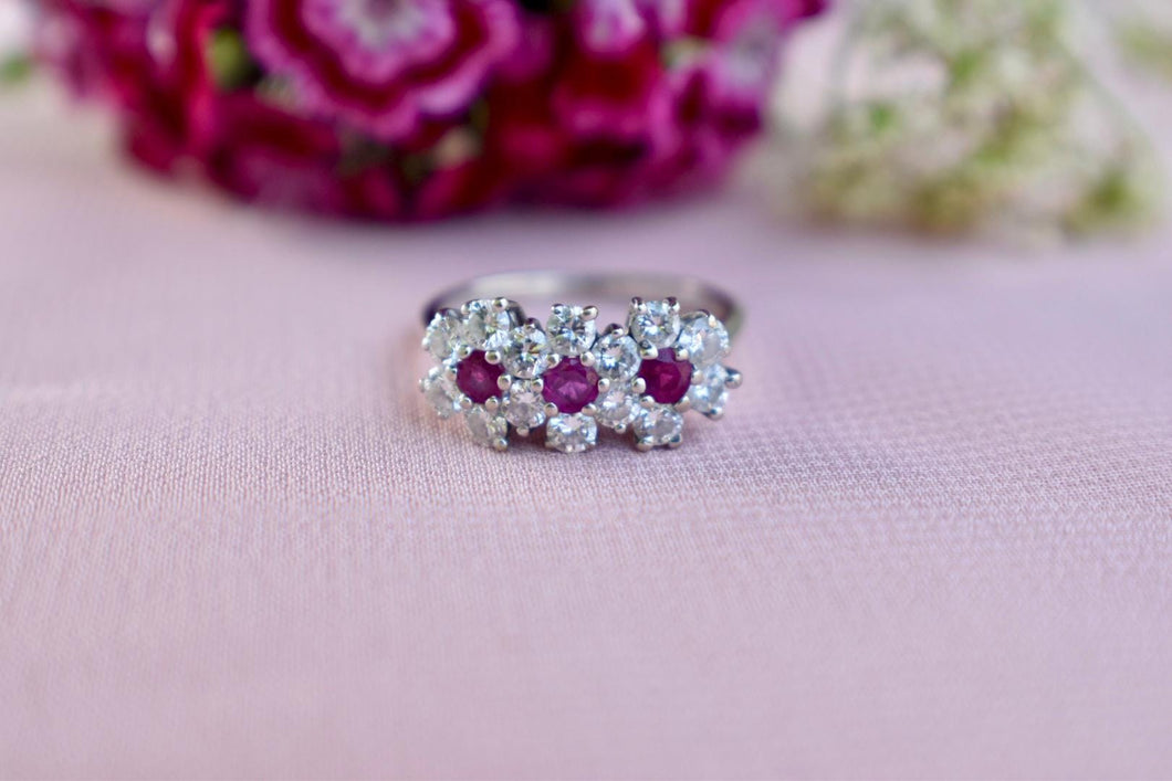 18K White Gold Vintage Ruby & Diamond Triple Halo Flower Ring