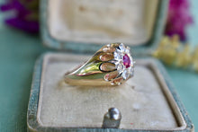 Load image into Gallery viewer, Vintage Victorian 14K Yellow gold Simulated Ruby &amp; Natural Old Mine Cut Diamond Halo Ring

