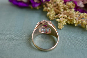 Vintage Victorian 14K Yellow gold Simulated Ruby & Natural Old Mine Cut Diamond Halo Ring