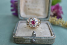 Load image into Gallery viewer, Vintage Victorian 14K Yellow gold Simulated Ruby &amp; Natural Old Mine Cut Diamond Halo Ring
