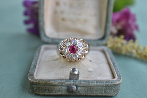 Vintage Victorian 14K Yellow gold Simulated Ruby & Natural Old Mine Cut Diamond Halo Ring