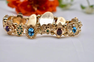 14K Yellow Gold Avant Garde Richard Glatter Multi Gemstone Completed Slide Charm Bracelet