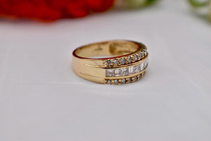 Vintage 14K Yellow Gold Three Row Princess, Baguette & Round Diamond 1.50cts Anniversary Band