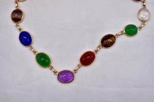 Vintage Mid Century Egyptian Revival 14K Solid Yellow Gold Multi Gemstone Scarab Necklace