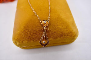14K Yellow Gold Victorian Revival Two Stone Diamond Lavalier Floral Necklace
