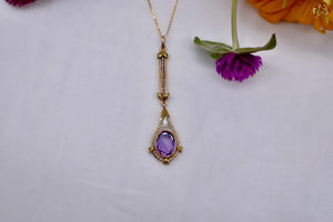 10K&14K Yellow Gold Victorian Seed Pearl and Amethyst Lavalier Pendant