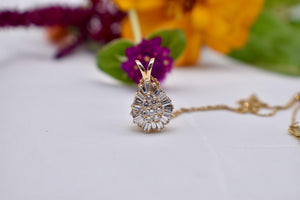 14K Yellow Gold Vintage Tear Drop Shape Ballerina Halo Statement Diamond Necklace