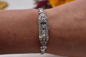 Antique Art Deco 14K White Gold Diamond 17 Jewels Bulova Wrist Watch