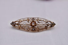 Load image into Gallery viewer, Antique 10K Rose Gold Seed Pearl and Old Mine Cut Diamond Floral Pin/Brooch
