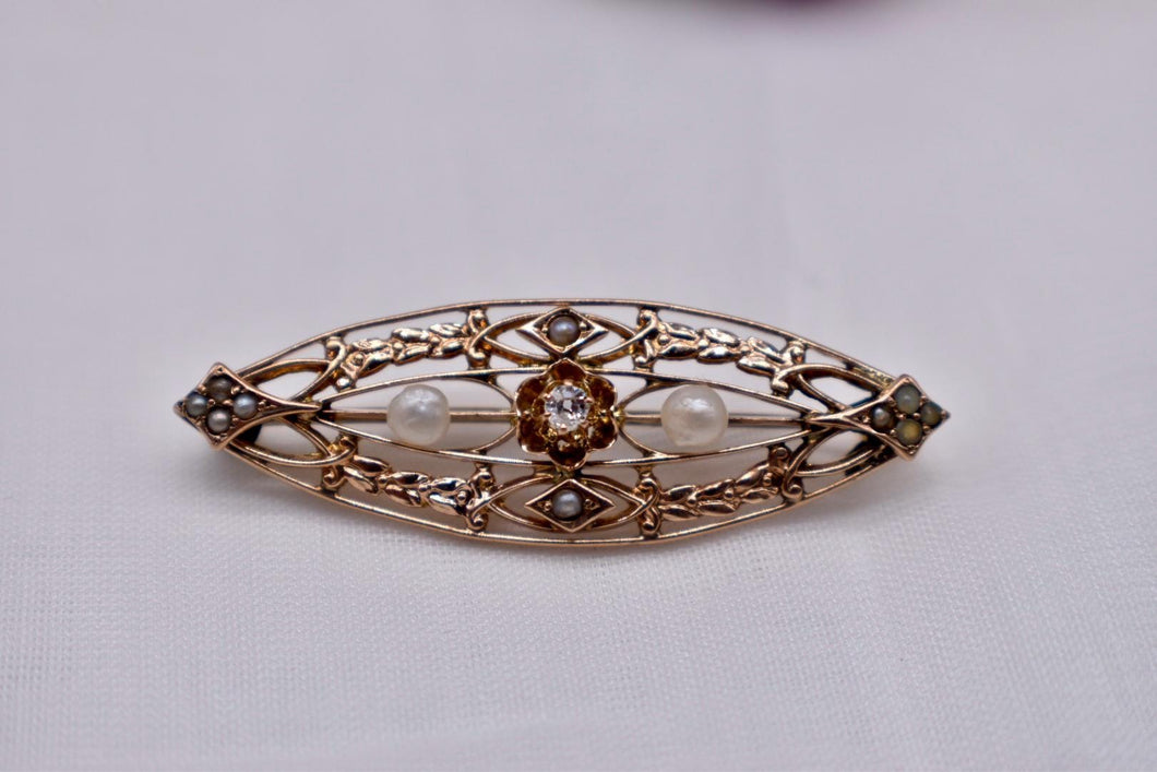 Antique 10K Rose Gold Seed Pearl and Old Mine Cut Diamond Floral Pin/Brooch
