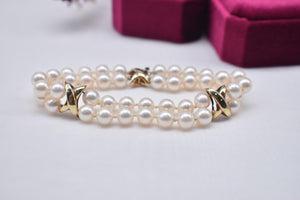 14K Yellow Gold Vintage Double Pearl & Gold Accent Bracelet