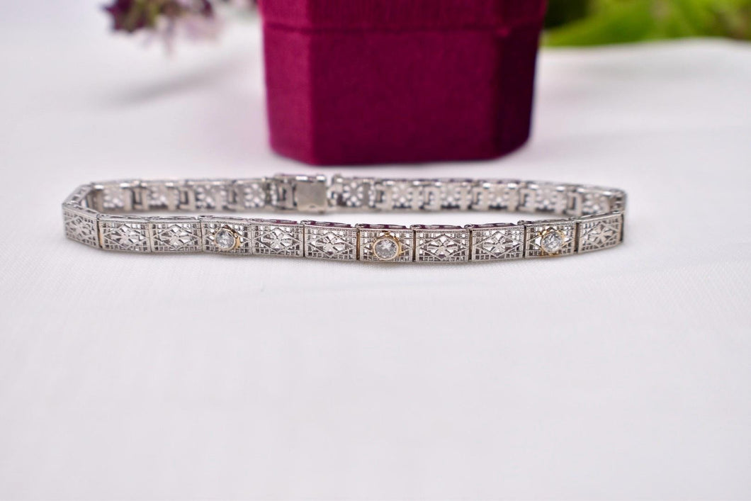Vintage Art Deco 10 Karat Three Stone Bezel Diamond Filigree Bracelet