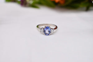 14K White Gold Vintage Oval Tanzanite & Diamond Three Stone Ring