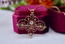 Load image into Gallery viewer, Vintage 14K Yellow Gold Solitaire Art Deco Old European Diamond Filigree Brooch Necklace
