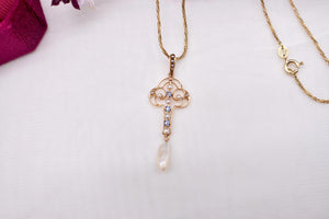 14K Yellow Gold Victorian Seed Pearl and Sapphire Lavalier Necklace