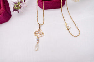 14K Yellow Gold Victorian Seed Pearl and Sapphire Lavalier Necklace