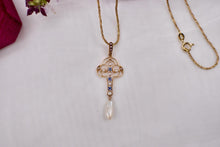 Load image into Gallery viewer, 14K Yellow Gold Victorian Seed Pearl and Sapphire Lavalier Necklace
