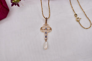 14K Yellow Gold Victorian Seed Pearl and Sapphire Lavalier Necklace