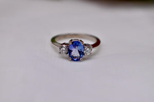 14K White Gold Vintage Oval Tanzanite & Diamond Three Stone Ring
