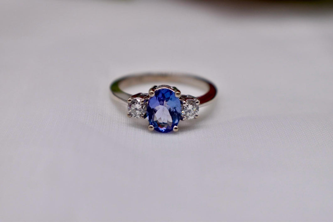 14K White Gold Vintage Oval Tanzanite & Diamond Three Stone Ring