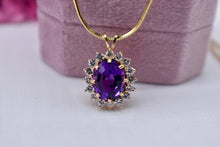 Load image into Gallery viewer, 18K Yellow Gold Vintage Oval Amethyst &amp; Diamond Halo Necklace
