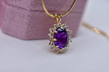 Load image into Gallery viewer, 18K Yellow Gold Vintage Oval Amethyst &amp; Diamond Halo Necklace
