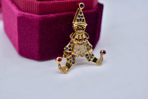 Authentic 18K Yellow Gold Animated Moveable Ruby, Sapphire & Diamond Clown Pendant/Charm