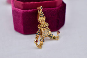 Authentic 18K Yellow Gold Animated Moveable Ruby, Sapphire & Diamond Clown Pendant/Charm