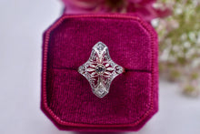 Load image into Gallery viewer, Vintage Art Nouveau 14K Yellow Gold &amp; Platinum Filigree Diamond Navette Ring
