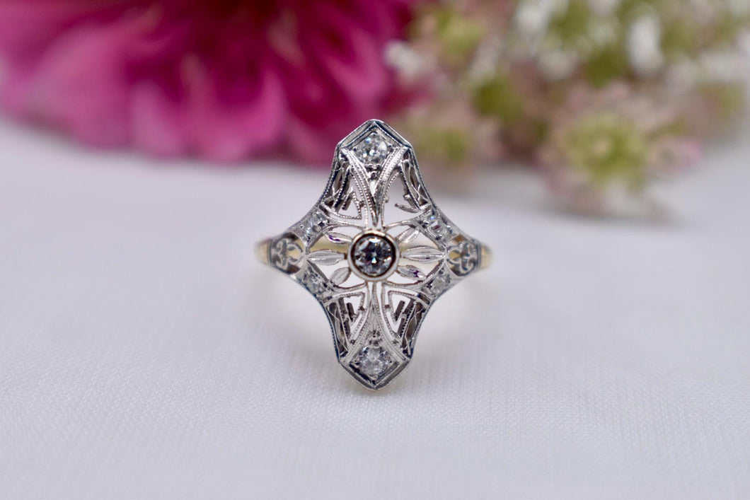 Vintage Art Nouveau 14K Yellow Gold & Platinum Filigree Diamond Navette Ring